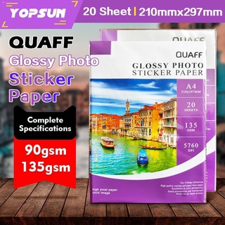 Printing♣○Quaff Glossy Photo Sticker Paper 135/90 gsm A4 Size 20 Sheets