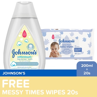 Johnson's Cotton Touch Wash 200ml + FREE Messy Times Wipes 20s