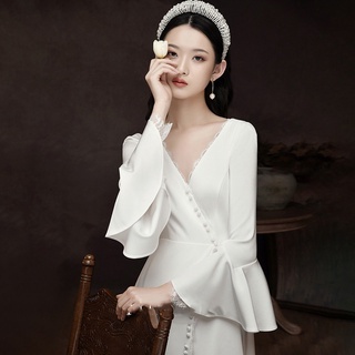 French light wedding dress 2021 new fashion long sleeve temperament Satin Bridal Dress simple retro wedding dress