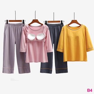 Bra☒Pajamas women s three-quarter sleeve set with chest pad, summer loose pajamas, Korean version of