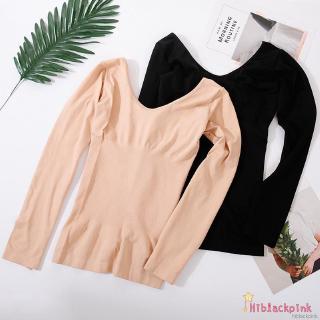 HiBlackpink. Autumn Winter Base T-shirt Solid Color V-neck Seamless Body Long-sleeved Thermal Top
