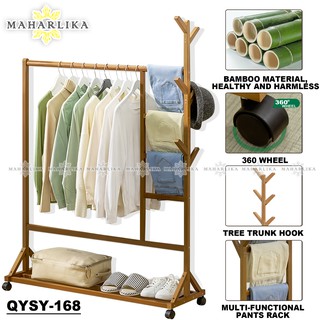 Maharlika QYSY168 Wooden Coat Rack Stand Bamboo Hanging Pole Drying Clothes Organizer with Wheels