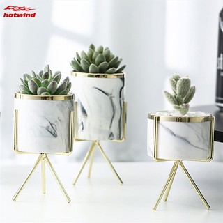 HW Marble Ceramic Flower Succulent Pot with Metal Rack Stand Nordic Plant Display Holder Home Decor (1)
