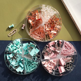Color Binder Clips Set Mint Green Pink Rose Gold Multi Paper Clips Push Pin Stationery Office Accessories School A6022