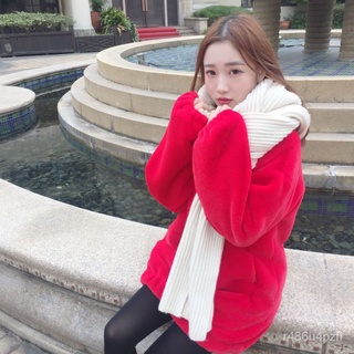 Korean Autumn New Coat Women's Big Red Mid-Length Top Rex Rabbit Fur Sweater Imitation Fur Furry Coa (8)