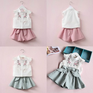 Baby Girls Shirt Bow Shorts Kids Dress Floral Bow 2pcs Set (1)