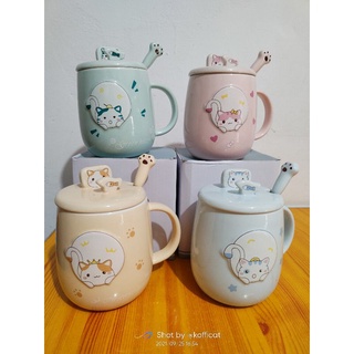 Animated Cute Cat Mugs Ceramic Coffee Mug, Phone Holder Lid and kitten paw Spoon