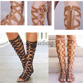 ✟Nis Women Gladiator Sandal Knee High Lace Up Hollow Out Flat Strappy Beach Shoes VOGUEBAG