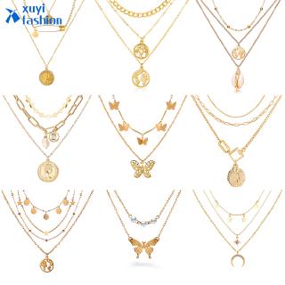 Personalized Fashion Butterfly Multilayer Pendant Necklace Women Moon Gold Choker Jewelry Accessories