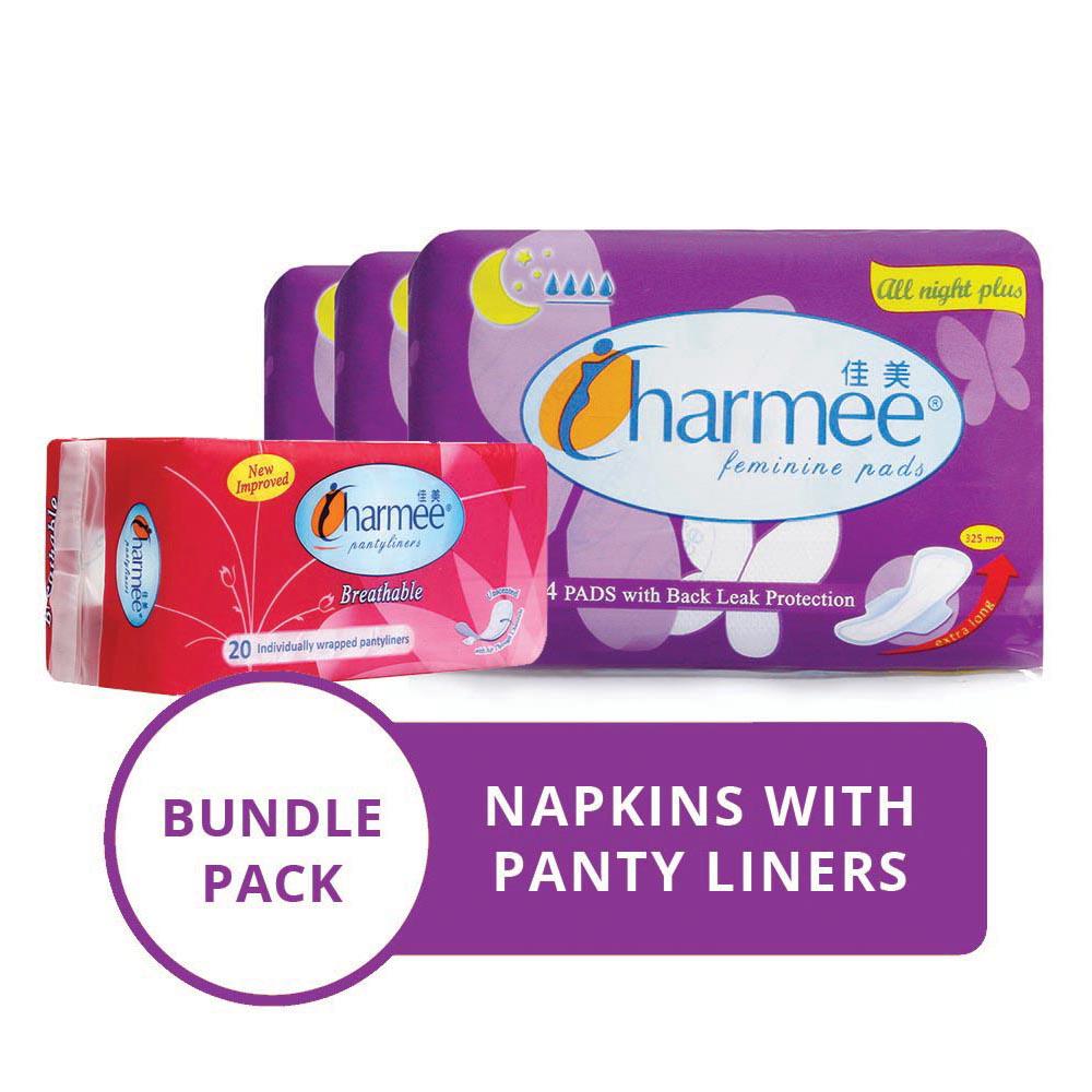Charmee All Night Feminine Pads 4's x 3 packs + Breathable Pantyliner Unscented 20's