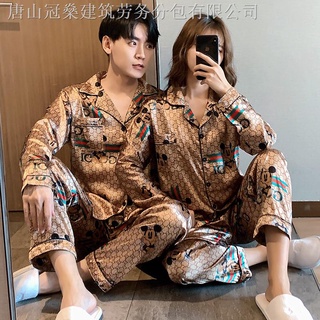 ♧M-5XL Plus Size Couple Pajamas Golden Mickey Silk Cardigan Sleepwear Satin Ilang pajama terno