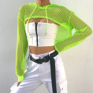 Sexy Hollow Out Fishnet Crop Hoodie Women Long Sleeve Tshirt Short Overall Neon Green Casual Mesh Hooded Tops Punk Rock