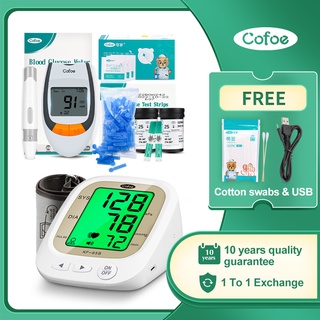Cofoe Blood Glucose Meter Diabetes Monitor Glucometer Blood Sugar Meter+Digital Blood Pressure Monitor Heart Beat Monitor Automatic BP USB Charing Tri-color Backlight Sphygmomanometer