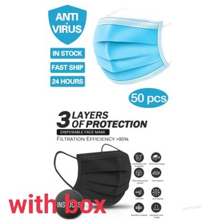 Black 50 pcs Disposable Face Masks with Box 3 ply