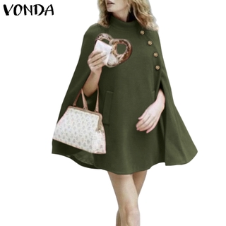 VONDA Women Casual Solid Sleeveless High Neck Loose Cape Cloaks (1)