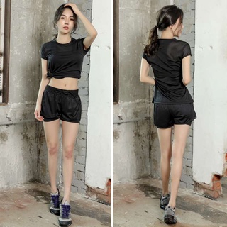 ▧✟Summer gym sports suit women s mesh quick-drying clothes loose fitness clothes yoga running shorts