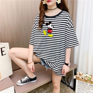 HOT SALE【Plus Size/40-150KG】Disney Mickey Oversized Korean Style Women Plus Size Striped T-shirt Short Sleeves BIg Loose Printed Summer Tee Maternity Pregnancy Round Neck Casual Top Fashion Medium-Long Lengthlarge