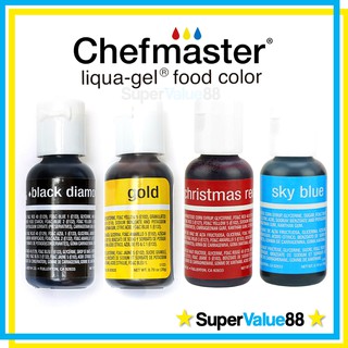 Chefmaster Liqua-Gel® Food Coloring 20 ml - Gold, Black, Sky Blue, Christmas Red Yellow Color Baking