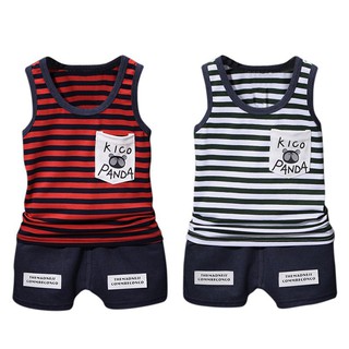 Summer Baby Boys Casual Sleeveless Cartoon Letter Stripe Vest + Shorts Set