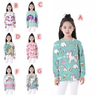 Girls Pullovers Cute Unicorn Pattern Casual Long Sleeve Lovely Loose Sports Tops LhVr