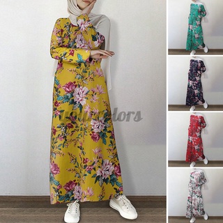 【Ready Stock】✇Women Pocket Printed Loose Long Sleeve Robe Striped Muslim Dress