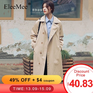 EleeMee Classic Trench Coat For Women Turndown Collar Long Solid Color Fashion Ol Chic Belt Slim Fas