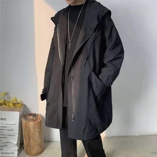 Windbreaker Jacket Men Handsome Autumn Korean Version Trendy Hooded Overalls Mid-Length Lo