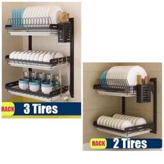 【COD】2 to 3 Tier Dish Rack Stainless Steel Dry Shelf Kitchen Cutlery Wall Mounted Holder Storage