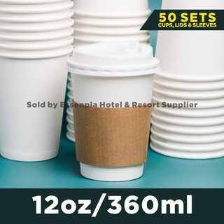 50pcs 12oz Disposable Paper Cups with Lid and Protection Sleeve Hot Coffee Cup 360ml White Paper Cup