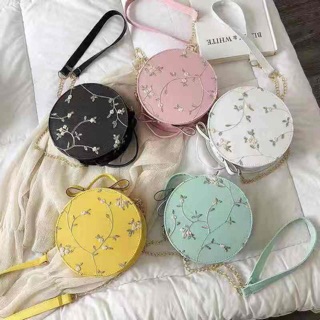 Korean Embroidered Leather Round Sling Bag