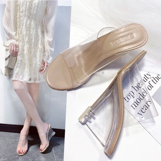 ▽◆Net red jelly transparent high-heeled sandals women's open toe square head crystal slope heel fair
