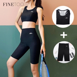 FINETOO New 2pcs M/L Sport Sweater Five-Point Pants and Tops Women Fitness Running Shorts Fat Blow up Yoga Pants