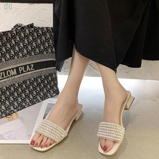 ☫✴✈Women's Summer Slippers Outdoor Fashion Open Toe Pearl Slippers with Square Heels