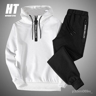 Solid Color Men's Sportswear Sets Patchwork Zipper Tracksuit Men Spring Casual Hooded Sweatshirt Hoo
