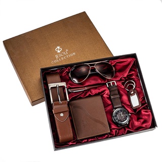 6pcs/set Boutique Gift Set Glasses + Belt + Wallet + Keychain + Large Dial Quartz Watch + Pen