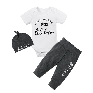 Fommy Newborn Baby Boy Clothes Little Brother Letter Print Short Sleeve Romper+Plaid Pants+Hat 3PCS Outfits Set 3-6 Months