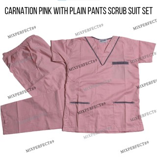 (MCR) CARNATION PINK Piping with Plain Pants Scrub Suit Set
