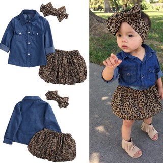 Girls Toddler Kids Denim Tops+Leopard Culotte Skirt Outfit (1)