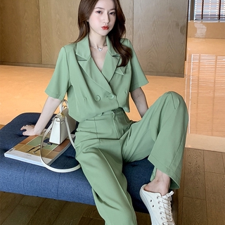 Summer new Korean Short double breasted top with wide leg trousers suit women's leisure fashion purple two piece set