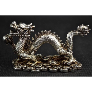 Elaborate Chinese Decorated Handwork Miao Silver Dragon Holding Ball on The Ingot Auspicious Statue