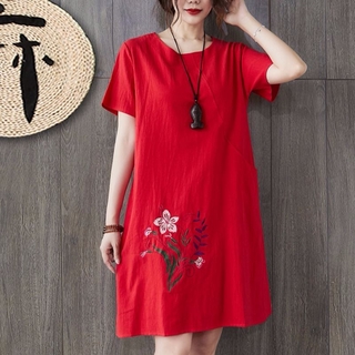 cotton hemp loose size embroidered dress summer short sleeve Korean mid length over Knee Skirt