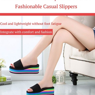 ♛Women's high-heeled flip-flop wedge slippers rainbow platform beach shoes
