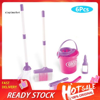 XP❀6Pcs Kids Simulation Broom Mop Bucket Brush Cleaning Tool Pretend Play Toy Set