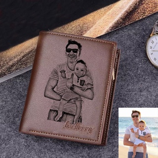 Personalized Wallet Gifts for Men PU Leather Engraved Photo Wallet with Zipper Coin Pocket Father's