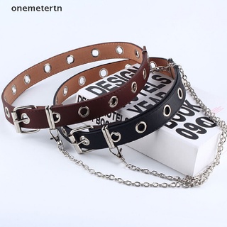 [onemetertn] Women Punk Chain Belt Adjustable Black Double/Single Eyelet Leather Buckle Belt [onemetertn]