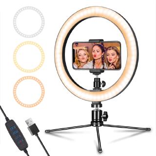 LED Ring Light 10" with Tripod Stand & Phone Holder for Live Streaming & YouTube Video, Dimmable Desk Makeup Ring Light for Photography, Shooting with 3 Light Modes