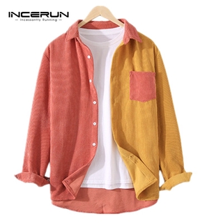 INCERUN Mens Casual Corduroy Patchwork Long Sleeve Button Down Shirts