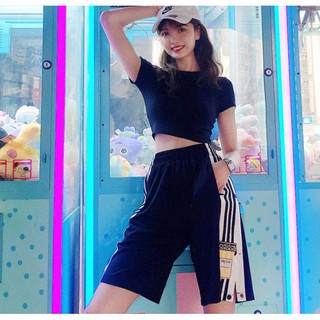 The same style side button five-point pants student spring and summer Korean loose straight casual wide-leg pants trend
