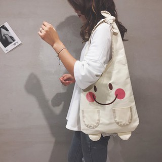 ℅♗Cute girl smiling face canvas bag female summer 2021 New Japanese simple large capacity student sh