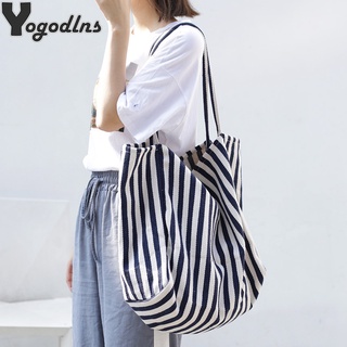Large Capacity Canvas Women Tote Bag Simple Striped Shoulder Bag Female Casual Multifunctional Trave